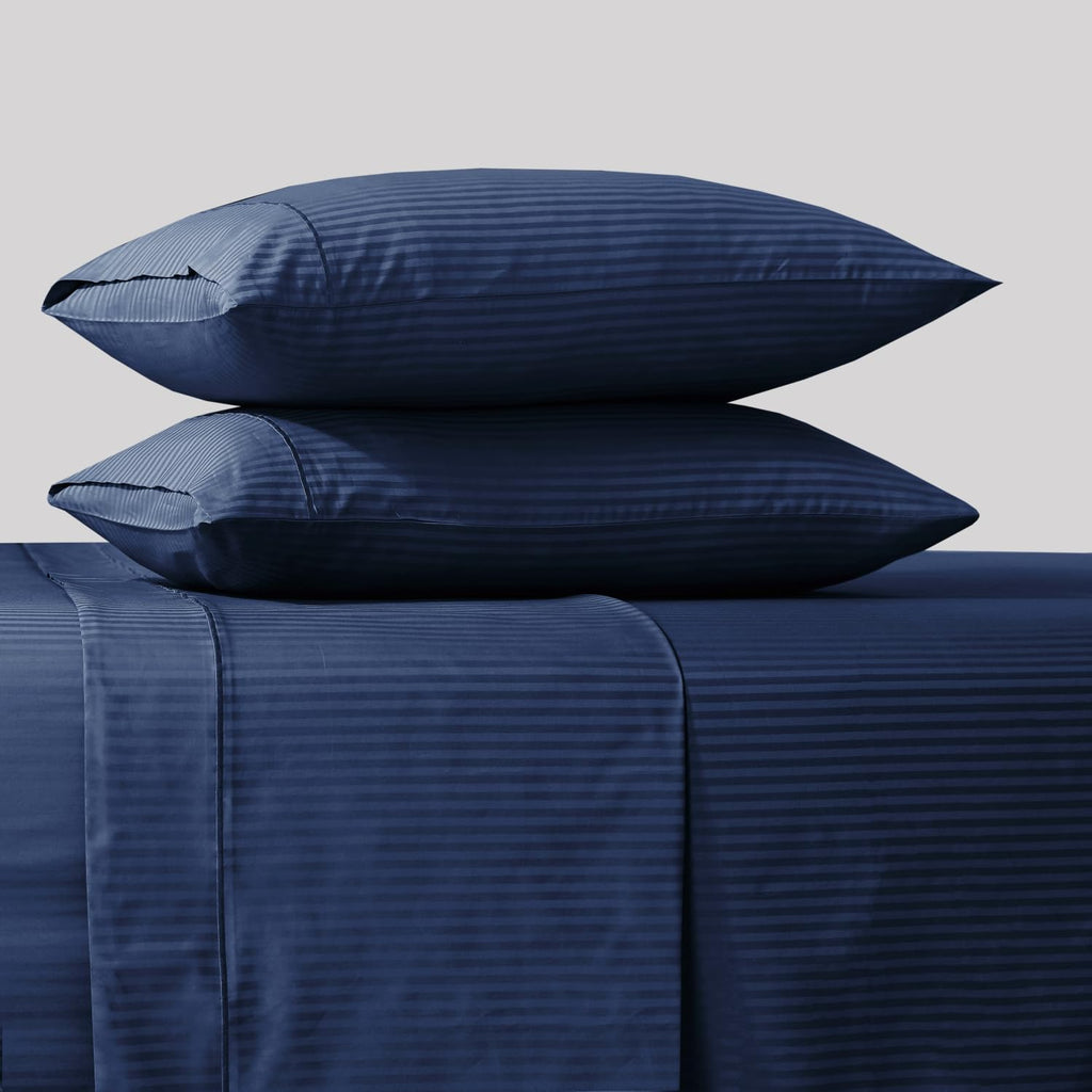 Feather & Stitch 500 Thread Count California King Size Cotton Sheets Dark Blue 4 Piece Damask Stripe Sheet Set 18 Inch Deep Pocket Sateen Weave Striped Sheets with 2 Pillowcases Luxury Bedding