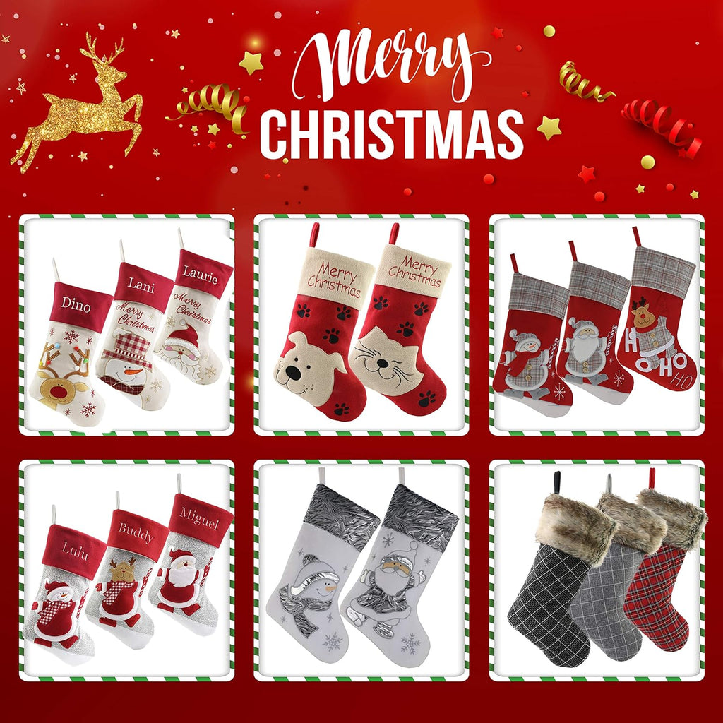 Lovely Christmas Stockings Set of 3 Santa, Snowman, Reindeer, Xmas Character 3D Plush Linen Hanging Tag Knit Border for Family Kids
