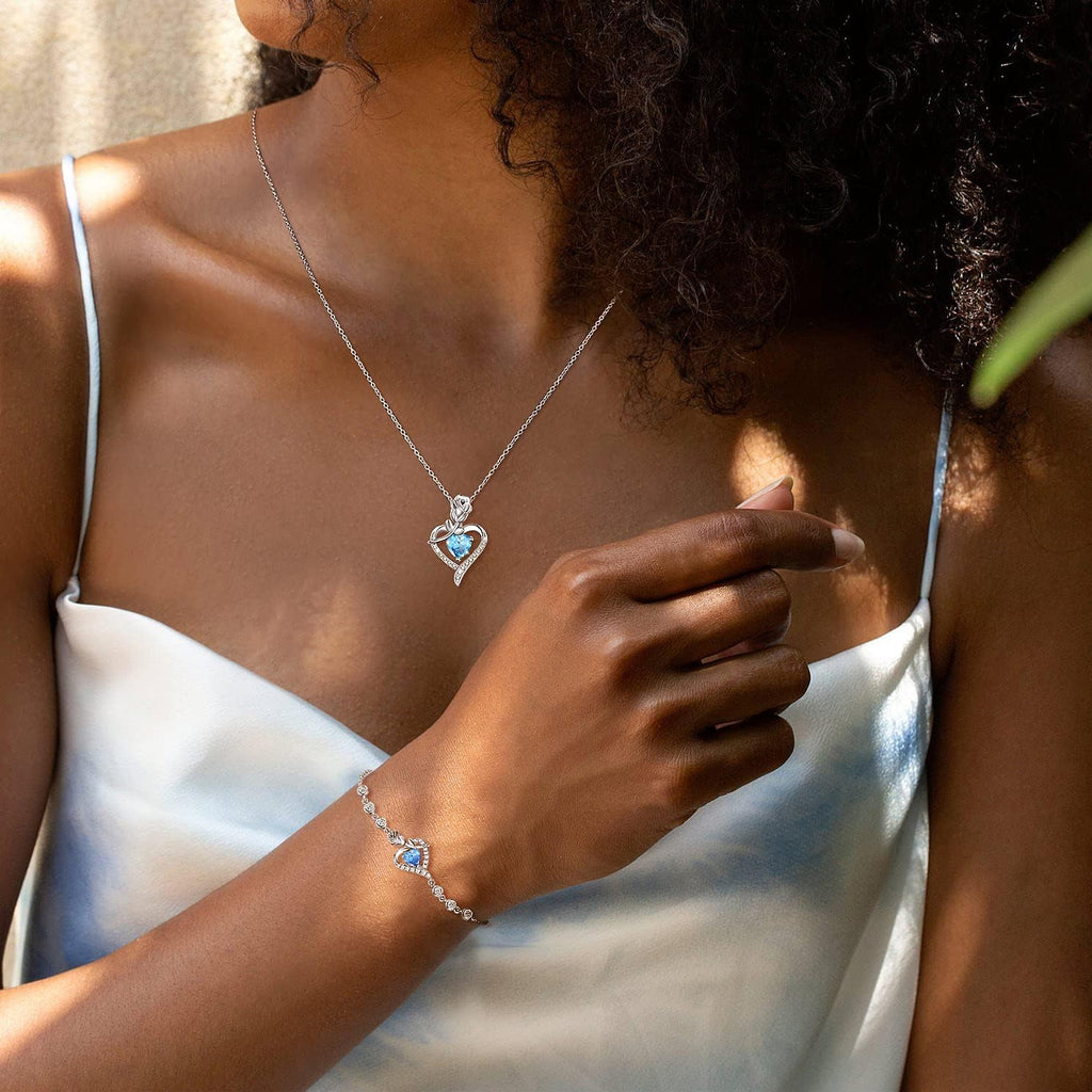 Fine Jewelry Valentines Day Gifts for Her Birthstone Necklace for Women Sterling Silver Genuine or Created Gemstone Rose Flower Heart Pendant Necklace Anniversary Birthday Gifts for Girls Wife Mom