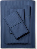 Feather & Stitch 500 Thread Count California King Size Cotton Sheets Dark Blue 4 Piece Damask Stripe Sheet Set 18 Inch Deep Pocket Sateen Weave Striped Sheets with 2 Pillowcases Luxury Bedding